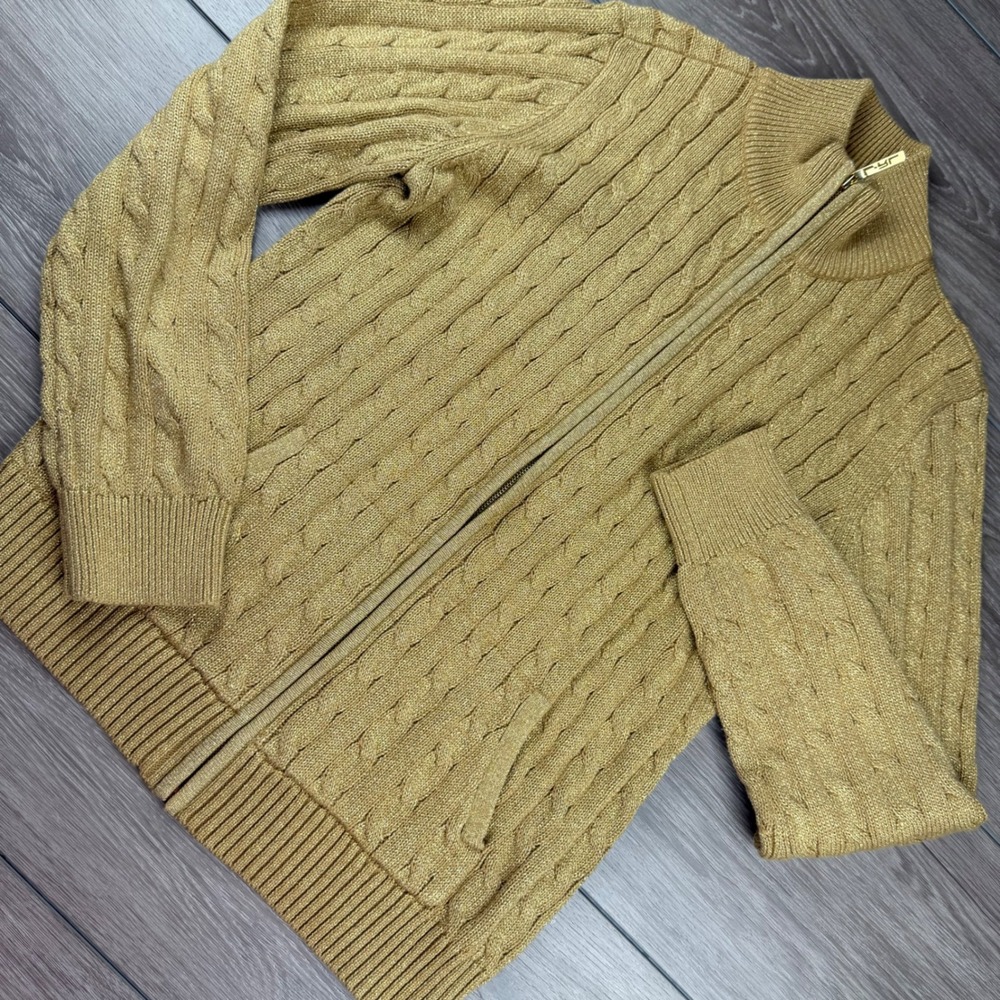 Lauren Ralph Lauren Women Sweater Full Zip Cable Knit Metallic Gold XL